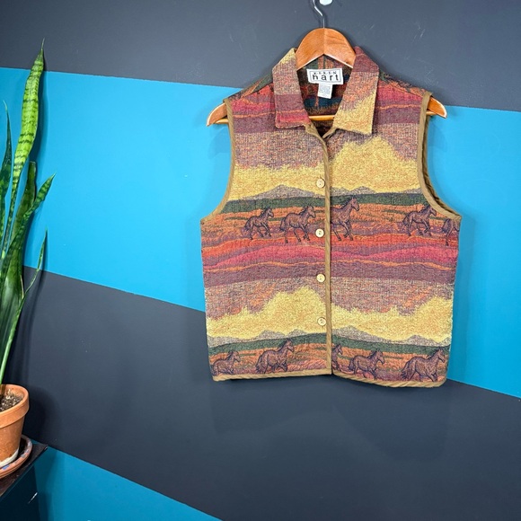 KEREN hart Vintage 1990s Wild Horses Tapestry Woven Vest Selected size Large - Picture 5 of 11